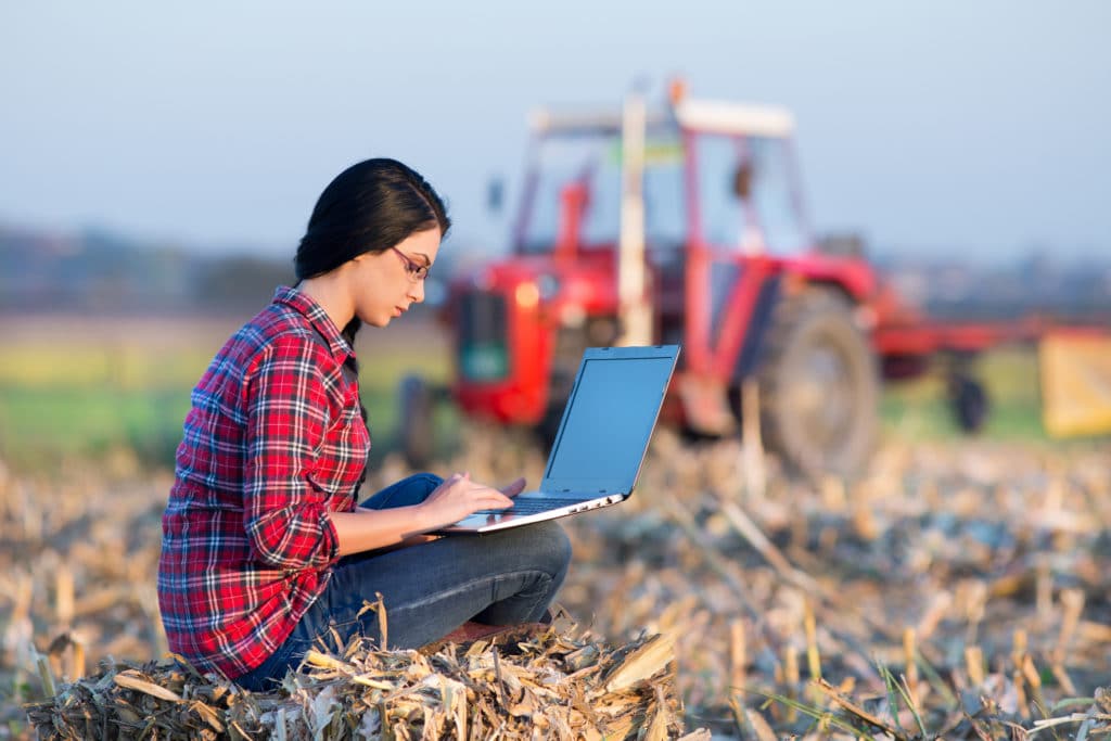 woman on computer in field