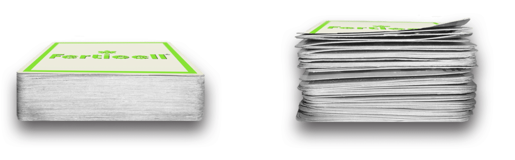 Left image of cards tightly stacked, right image of cards loosely stacked